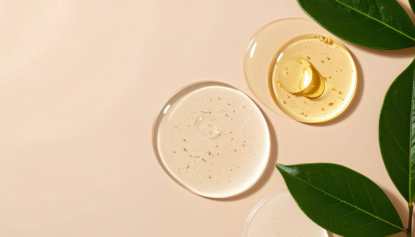 Skincare formulas and botanical material on a neutral laboratory surface